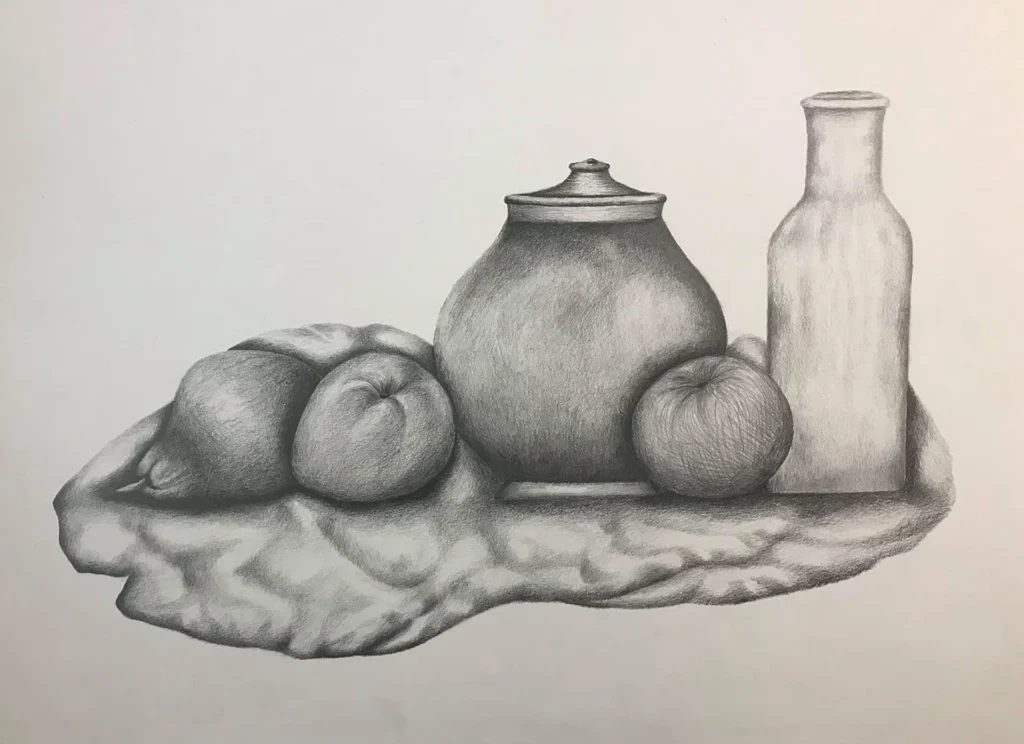 A mesmerizing pencil art piece created by Nicoleta Oae. The artwork showcases a meticulous composition featuring realistic renderings of fruits, a vase and a bottle. The artist's skilled use of pencil techniques brings out intricate details, shading, and textures, resulting in a captivating visual experience.